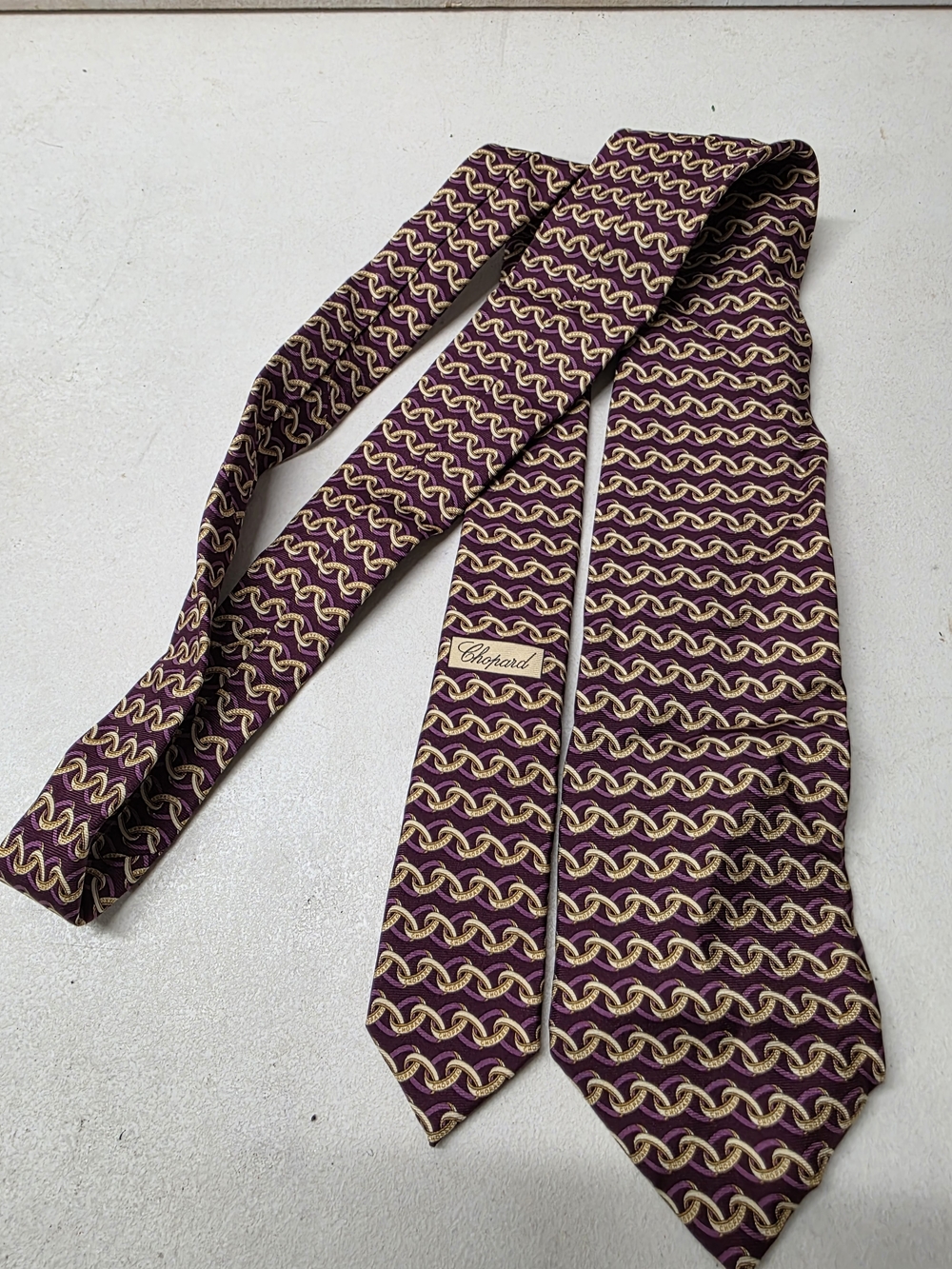 Vintage Chopard 100% Silk Tie Burgundy Purple Gold Chain Logo Men’s Necktie